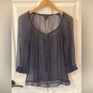 Esprit Collection Sheer Boho Polka Dot Long Sleeve Blouse Top size 8 Navy